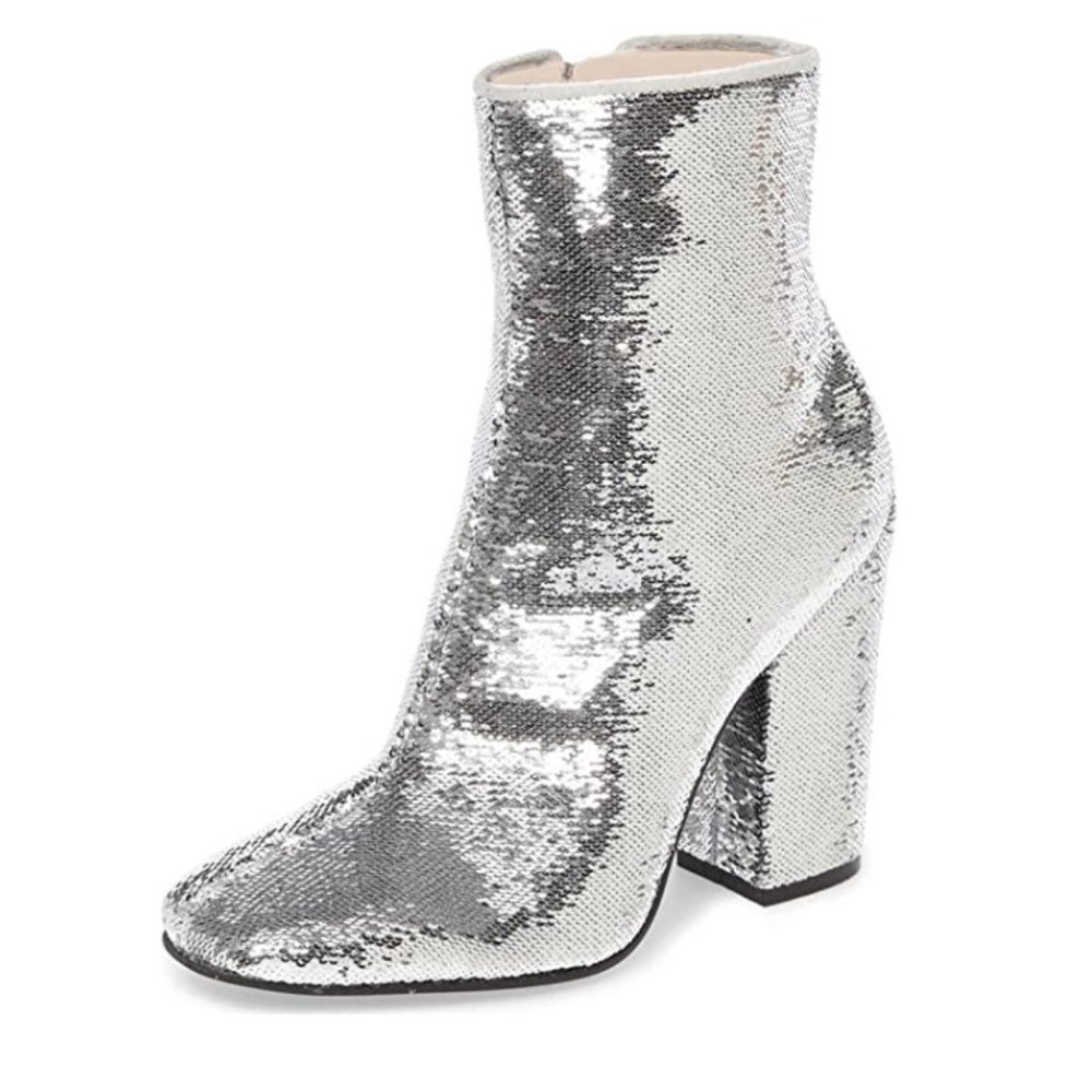 XYD Silver Sequins High Block Heel Round Toe Zip Ankle Boots Dress Shoes